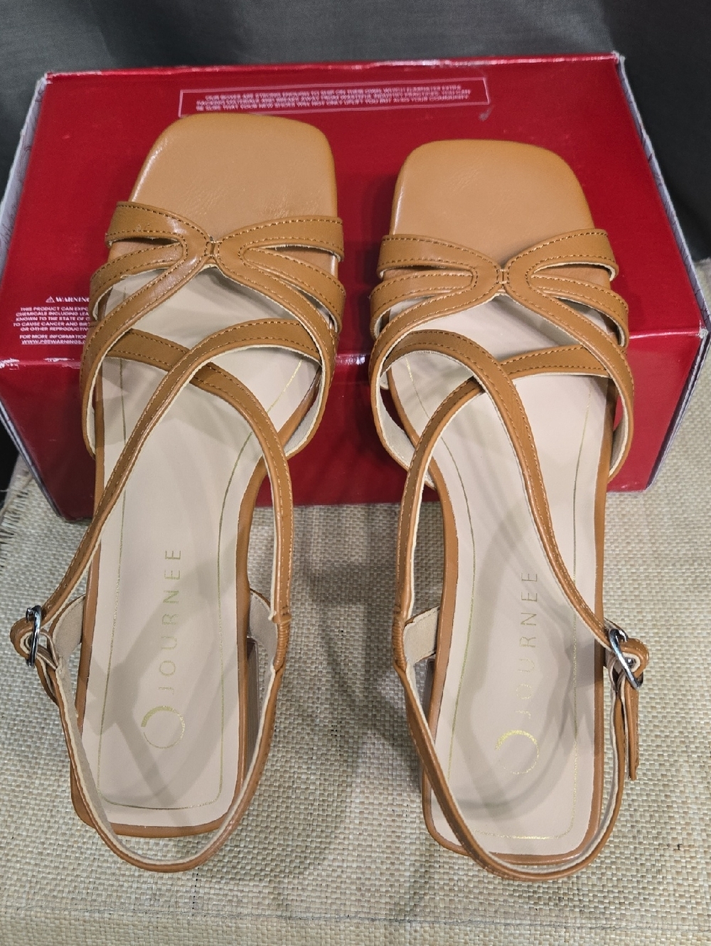 Tan Strappy Square-Toe Slingback Heels Retail $89